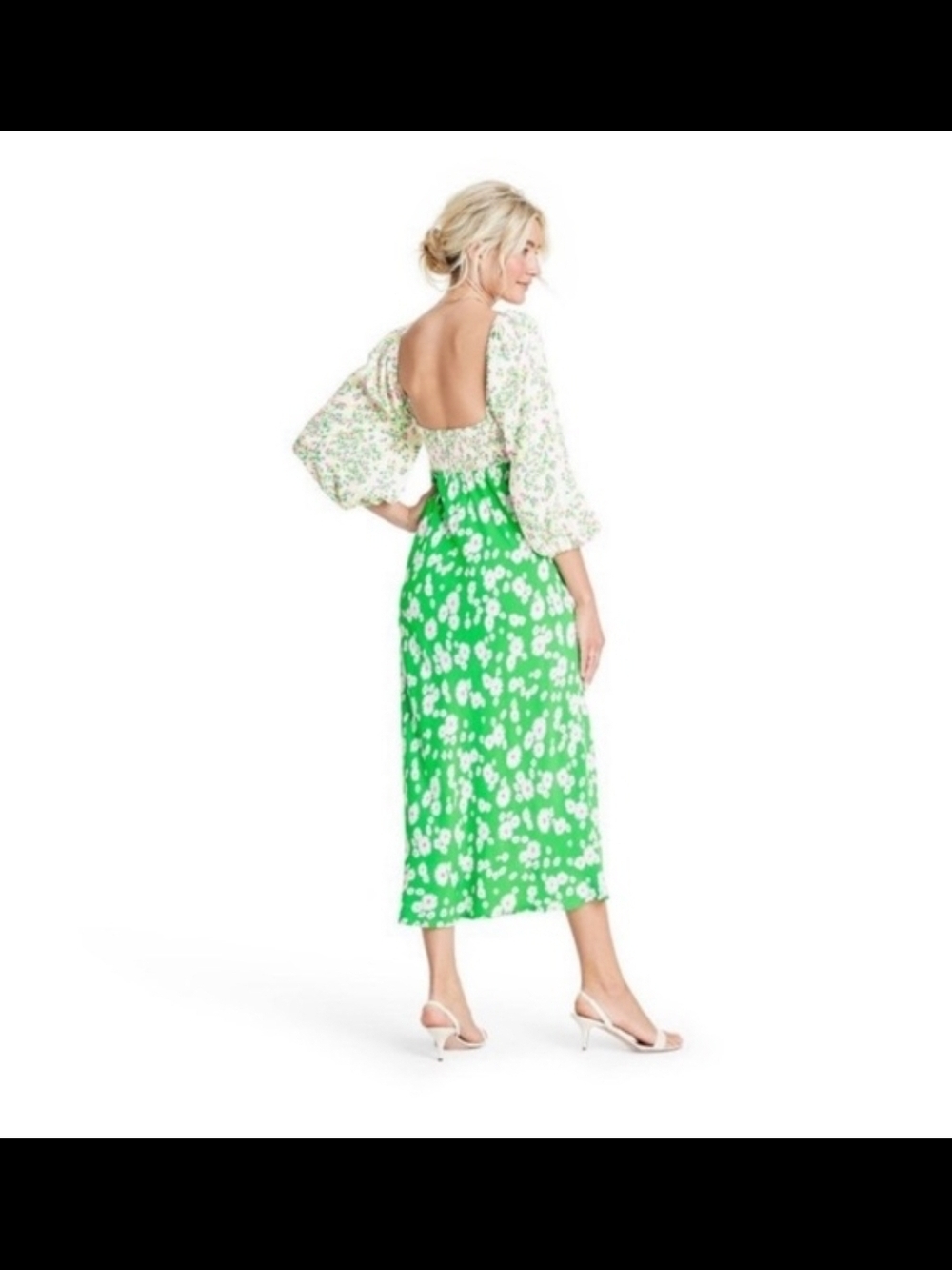 Rixo X Target Green Floral Midi Dress with Puff Sleeves